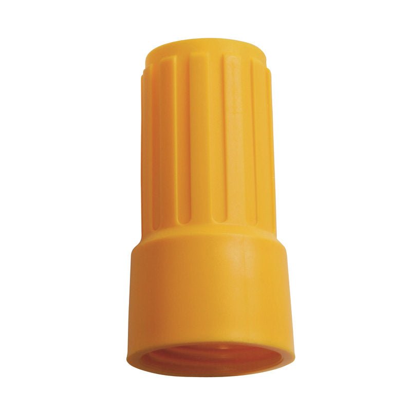 Den ÜBERWURFMUTTER FÖR ADAPTER E1100019 från Haug Bürsten KG är en gul plastkontakt med räfflad cylindrisk form och stängd ände, som används för säkra elektriska ledningsanslutningar.