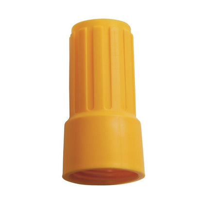 Den ÜBERWURFMUTTER FÖR ADAPTER E1100019 från Haug Bürsten KG är en gul plastkontakt med räfflad cylindrisk form och stängd ände, som används för säkra elektriska ledningsanslutningar.