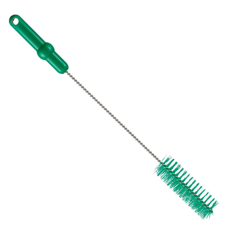 Die Haug Bürsten KG ROHRBÜRSTE, ø 0,50MM MITTEL, 500Xø40MM hat einen grünen Griff, steife Borsten und einen langen gedrehten Metallstiel für die effektive Reinigung und Rohrpflege in engen Behältern.