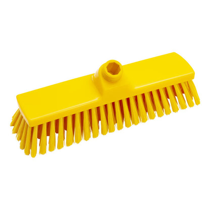 Den Haug Bürsten KG BESEN, PBT MJUK 300X70X50MM, OSLITSAD är ett slitstarkt gult borsthuvud med mjuka syntetiska borst och ett centralt fästeshål, som är utformad för effektiv golvrengöring.