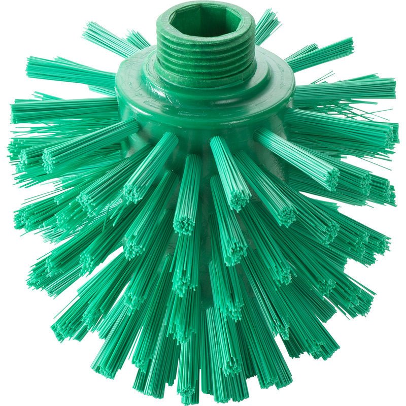 WOLFBORSTEN, ø 0,50 HART, 135 x ø 120 mm från Haug Bürsten KG är ett grönt runt borstehuvud med styva plastborst och en gängad hål - perfekt som industriell rengöringsborste för hårda uppgifter.