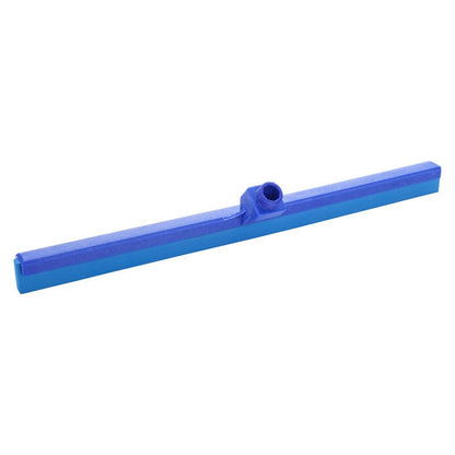 Den Haug Bürsten KG VATTENSKRAPA, LIVSMEDELSKVALITET. 1-LÄPPIG (620x35x25mm) är en blå plastskrapa med central kontakt för hygienisk rengöring, idealisk för livsmedelsindustrin. Avbildad på vit bakgrund.