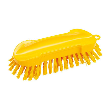 Den Haug Bürsten KG RUND TVÄTTBORSTE, PBT HÅRD 205X65X30MM är en gul plastskrubborste med täta borst, ett ergonomiskt böjt handtag och ett upphängningshål - perfekt för svåra rengöringsuppgifter.