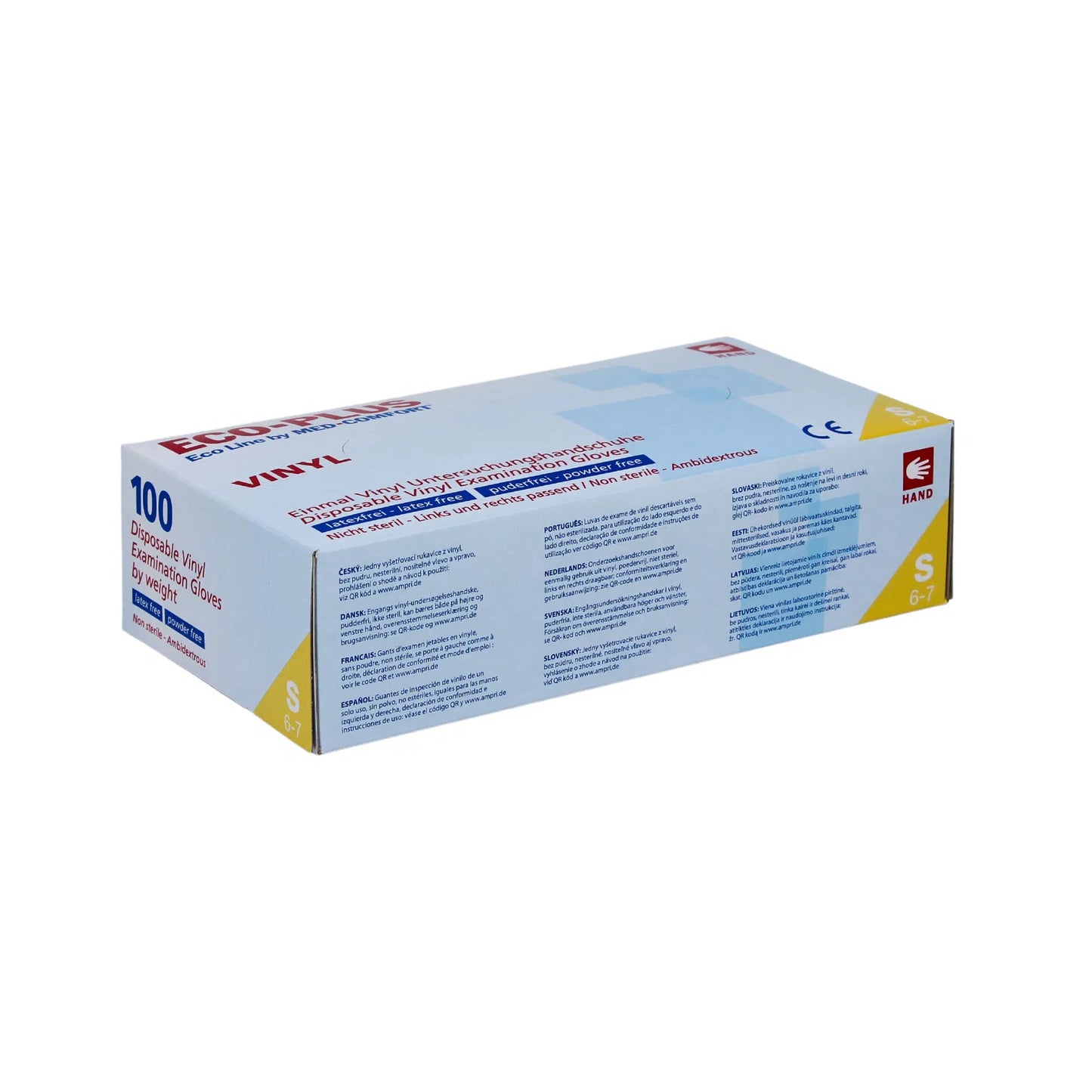 En låda med 100 puderfria engångshandskar av vinyl från AMPri Handelsgesellschaft mbH. Den övervägande vita lådan innehåller blå och röd text med produktinformation, storlek S (6-7) och en orange handsymbol. Den är avbildad mot en enkel vit bakgrund.