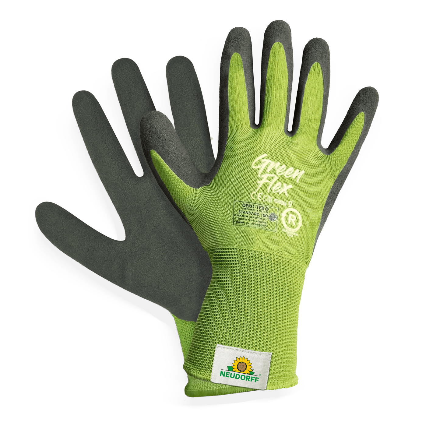 Ett par hållbara KIXX-handskar Green Flex från Neudorff Shop i grönt och svart, med en sol- och växtlogotyp vid handleden, avbildade på vit bakgrund.