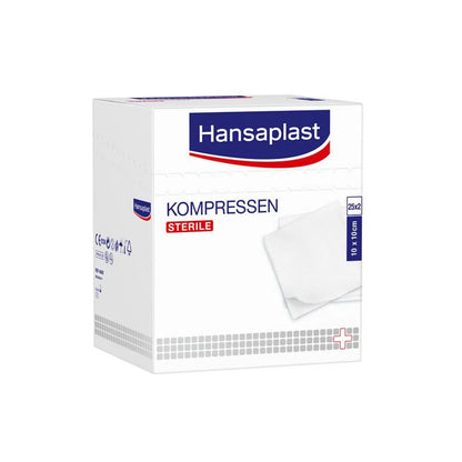 En vit låda Beiersdorf AG Hansaplast sterila kompresser 10 x 10 cm, utgående artikel, innehåller 25 x 2 stycken (50 stycken) och är idealisk för professionell såromläggning.