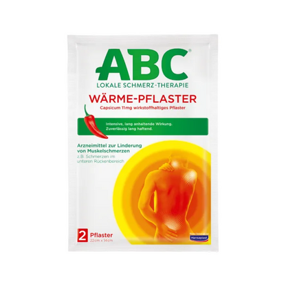 En förpackning Hansaplast ABC® Värmeplåster Capsicum (2 stycken) från Beiersdorf AG med ett diagram av en mänsklig rygg med värmestrålning från nedre delen av ryggen. Texten påpekar att det är en lokal smärtterapi och att Capsicum används för att lindra muskelsmärta. Förpackningsstorleken är 22 cm x 14 cm.