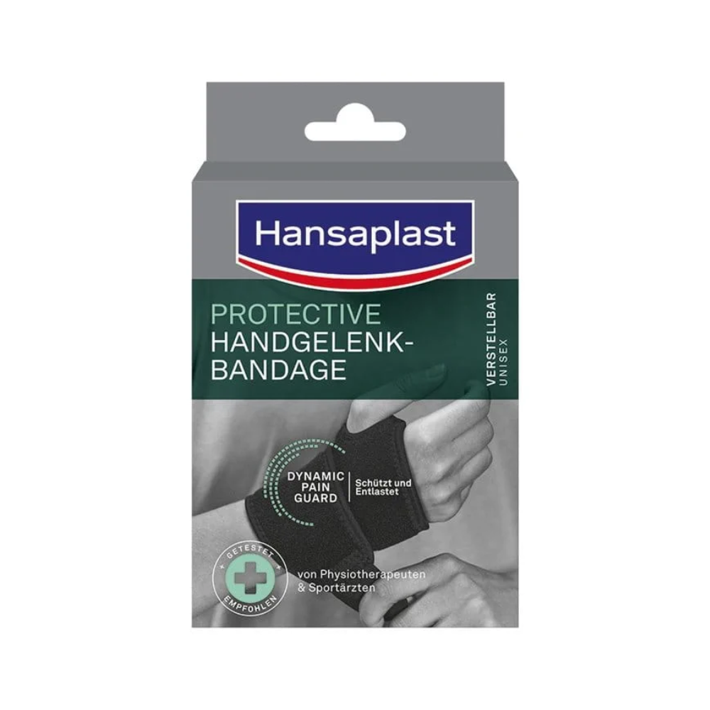Förpackning för Hansaplast Protective Handledsbandage från Beiersdorf AG med orden ”Dynamic Guard” och ”Protection Bandage”. Visat är en handled med ett grått bandage. Text i