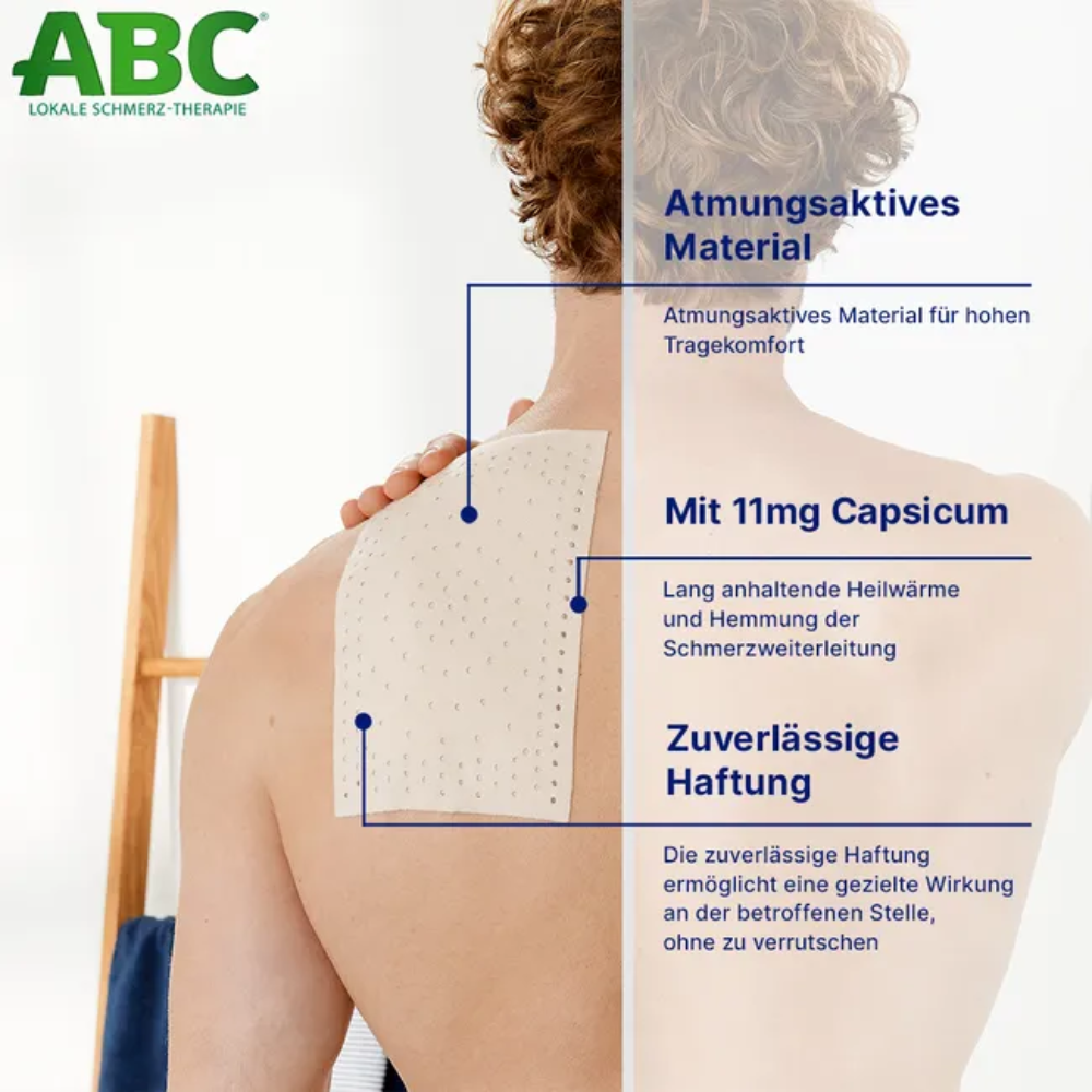 En person med lockigt hår är avbildad bakifrån när de applicerar ett Hansaplast ABC® Värmeplåster Capsicum på sin axel för att lindra muskelsmärta. Bilden innehåller en tysk text som beskriver produktens egenskaper som andningsbart material, 11 mg Capsicum-innehåll och pålitlig vidhäftning. Denna produkt är från Beiersdorf AG och levereras i tvåpack.
