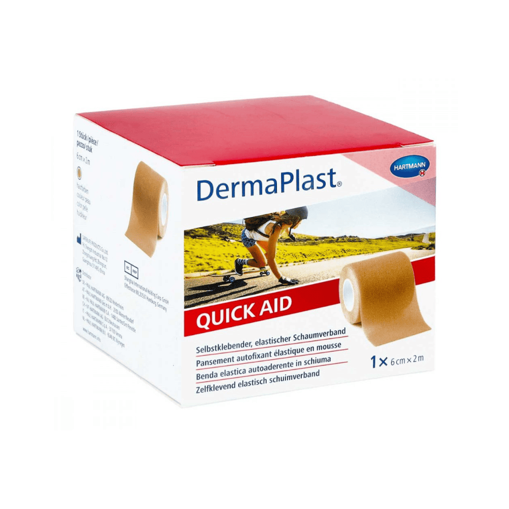 Produktförpackning för Hartmann DermaPlast® Quick Aid självhäftande skumförband, 6 cm x 2 m, från Paul Hartmann AG. Förpackningen visar bilder av bandaget och en löpare som använder det på sitt knä.