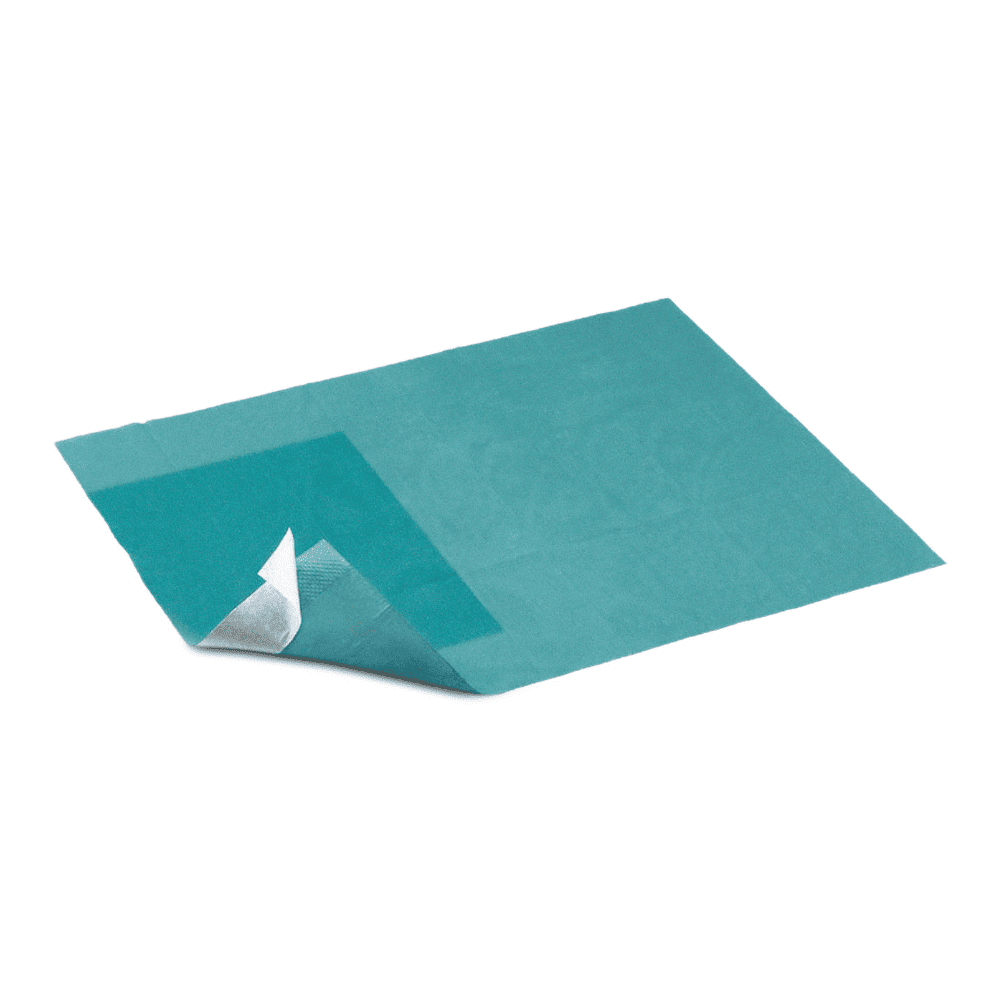 En enda steril Hartmann Foliodrape® täckduk självhäftande 50x50 cm från Paul Hartmann AG har ett hörn avdraget, så att den vita baksidan blir synlig. Täckduken är placerad på en vit bakgrund. Förpackning: 90 stycken.