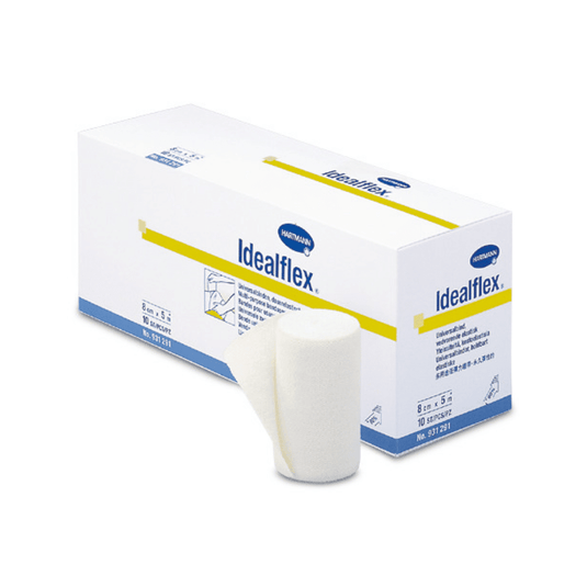 En förpackning med Idealflex® lätta universalbandage från Paul Hartmann AG, där en rulle på framsidan är delvis uppackad, vilket framhäver produktens struktur och form. Förpackningen är vit och blå med text och varumärkesinformation.