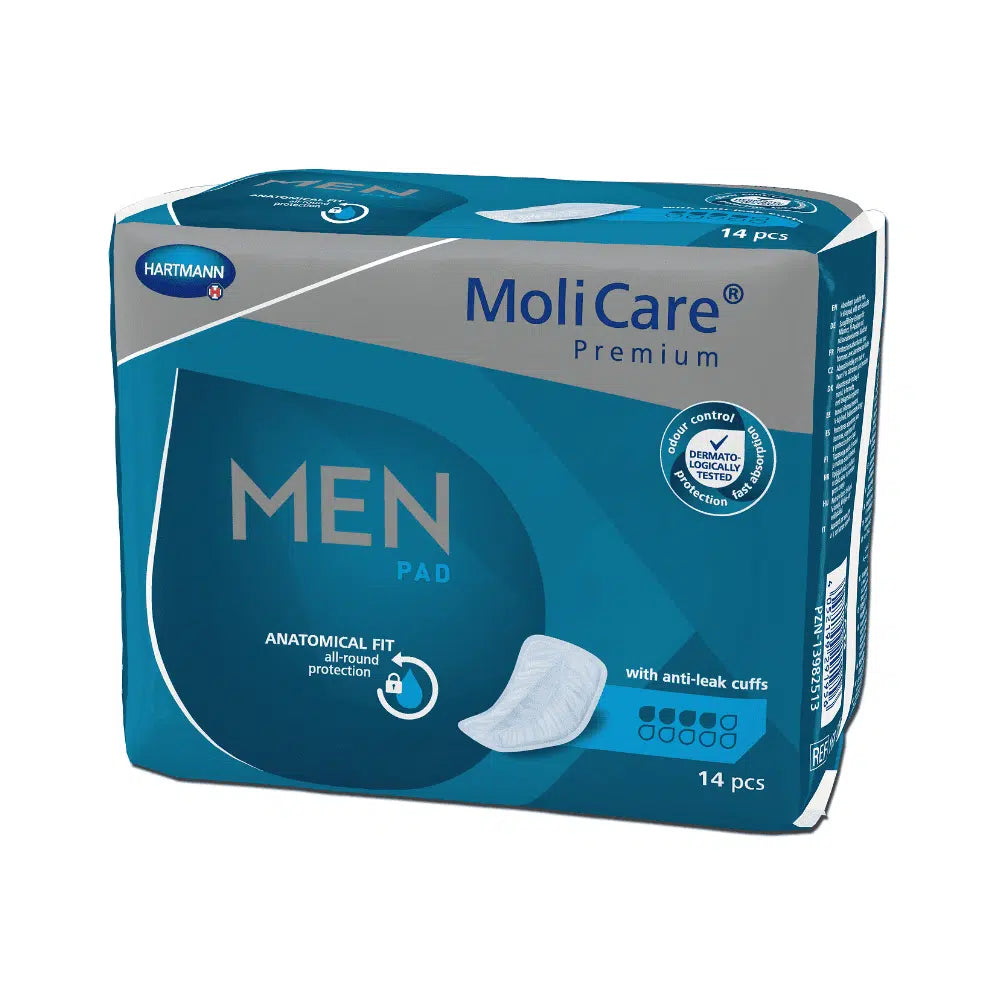 En förpackning Hartmann MoliCare® Premium MEN PAD inlägg - 14 stycken, innehåller 14 stycken. Lådan är blå och vit och betonar det anatomiska passformsskyddet med optimerade anti-läckage manschetter för urinblåsan.