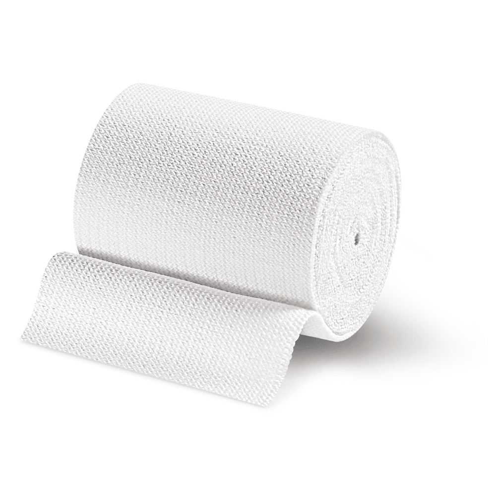 En rulle av vit medicinsk bandage Idealbinde från Paul Hartmann AG, delvis avrullad, isolerad på vit bakgrund.