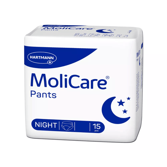 Hartmann MoliCare Pants Night-inkontinensbyxor från Paul Hartmann AG säljs i en diskret vit-blå förpackning med halvmånar och stjärnor samt den iögonfallande texten ”Night”. De är avsedda för urininkontinens, ger diskret skydd och innehåller 15 stycken per förpackning.