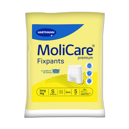 En gul/vit förpackning MoliCare® Fixpants nätbyxa från Paul Hartmann AG, storlek S (45–80 cm midja), långt ben, 5 återanvändbara delar (upp till 50 tvättar), idealisk för fixering av inkontinensinlägg. Produktbild på framsidan.