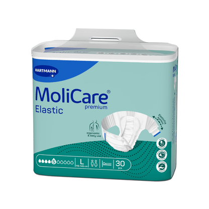 Ett paket Hartmann MoliCare® Premium Elastic 5 droppar blöjor från Paul Hartmann AG i storlek L med 30 stycken och symboler för ergonomisk passform på ljusblå bakgrund.
