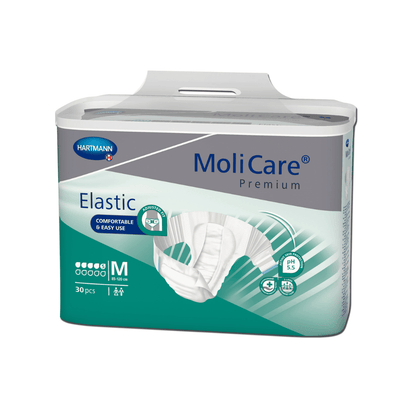 Ett paket medelstora vuxenblöjor MoliCare® Premium Elastic 5 droppar från Paul Hartmann AG. Den tredelade förpackningen framhäver komfort och enkel hantering på den övervägande blågröna och vita förpackningen.