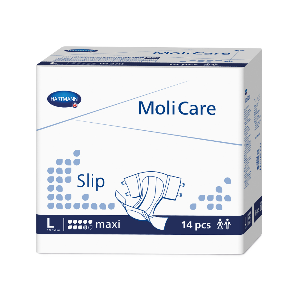 En låda Hartmann MoliCare® Slip maxi 9 droppar vuxenblöjor från Paul Hartmann AG i storlek L, innehållande 14 stycken, huvudsakligen vit och blå förpackning med produktgrafik och text.