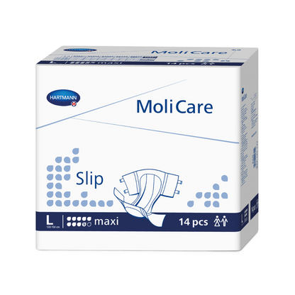 En låda Hartmann MoliCare® Slip maxi 9 droppar vuxenblöjor från Paul Hartmann AG i storlek L, innehållande 14 stycken, huvudsakligen vit och blå förpackning med produktgrafik och text.