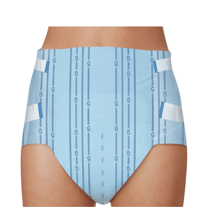 Ljusblå inkontinenstrosor med randmönster och små symboler, avbildade från midjan till låren på vit bakgrund. Denna Paul Hartmann AG MoliCare® Slip maxi 9 droppar erbjuder mycket högt skydd.