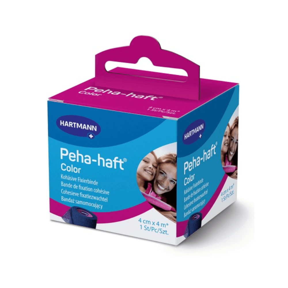 En produktförpackning av "Hartmann Peha-haft Color elastisk fixeringsbinda, blå", med bilder av leende personer på sidorna. Lådan är rosa och blå, vilket betyder 4 cm x 4 m, från Paul Hartmann AG.