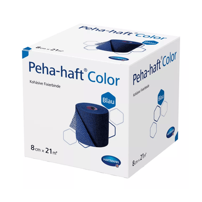 En låda Hartmann Peha-haft Color elastisk fixeringsbinda, blå, kohesiv bindrulle från Paul Hartmann AG, med tysk märkning och storleksangivelse 8 cm x 2,1 m.