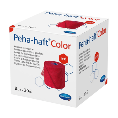 Kartong med Paul Hartmann AG Hartmann Peha-haft Color elastisk fixeringsbinda, blå kohesiv fixeringsbinda, mått 8 cm x 20 m. Förpackningen innehåller flerspråkig text och visar en