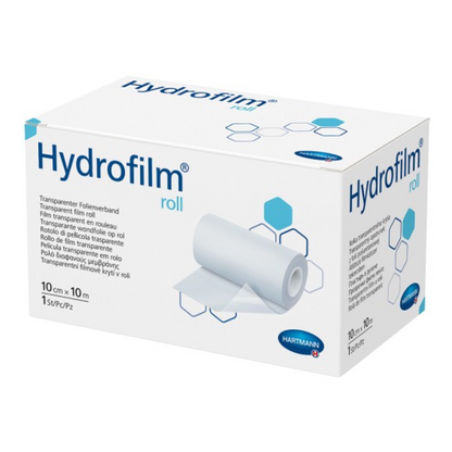 En produktbild av en ask med Hartmann Hydrofilm®-rulle från Paul Hartmann AG, ett transparent klisterband, med förpackningsdetaljer och illustrationer av bandrullen och användningssymboler.