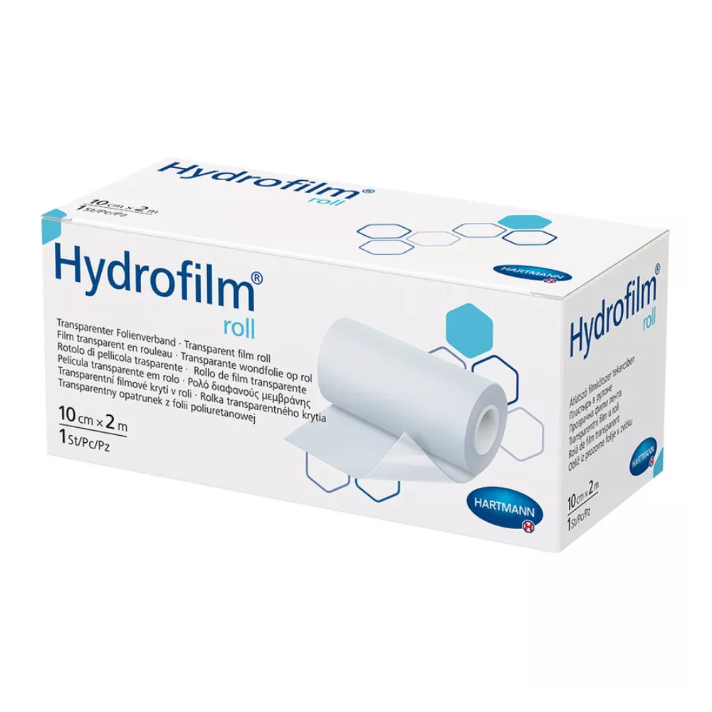 En bild av en produktförpackning från Hartmann, Hartmann Hydrofilm® roll transparent filmförband från Paul Hartmann AG. Förpackningen innehåller beskrivningar på olika språk och visar en bild av filmrullen.