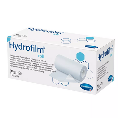 En bild av en produktförpackning från Hartmann, Hartmann Hydrofilm® roll transparent filmförband från Paul Hartmann AG. Förpackningen innehåller beskrivningar på olika språk och visar en bild av filmrullen.
