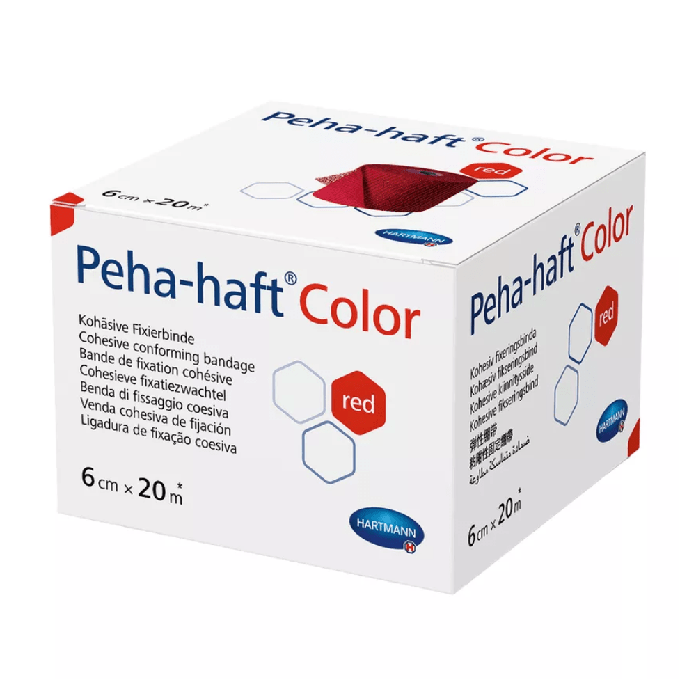 En låda Paul Hartmann AG Hartmann Peha-haft Color elastisk fixeringsbinda med blå färgkodning. Förpackningen visar flera språk och produktinformation, inklusive dimensionerna 6 cm x 20