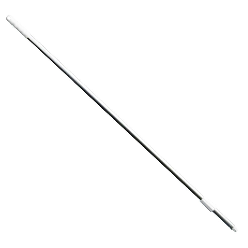 Den teleskopiska stången Haug Alustiel 1450 mm från Haug Bürsten KG är lång, vit och HACCP-kompatibel, med handtag och konisk spets.