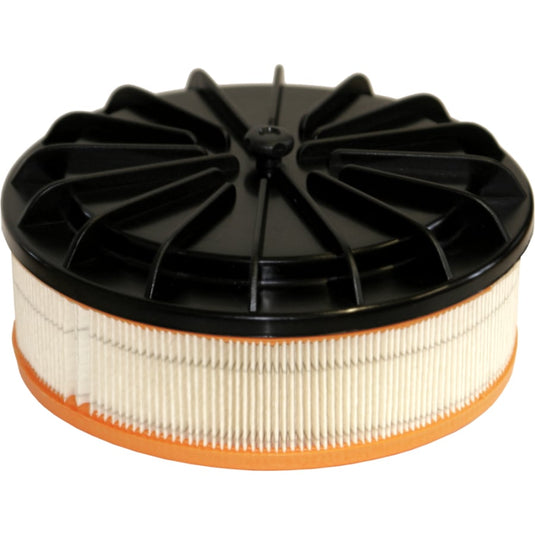 Arcora M5Plus-ersättnings-HEPA-filtret från Arcora International GmbH är ett runt filter med orange botten, vitt veckat HEPA-material och ett svart lock med radiella stödribbor.