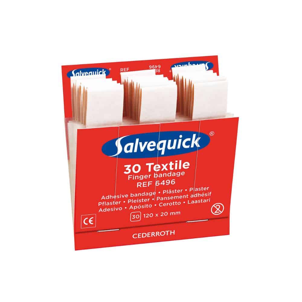 En öppen Holthaus Medical Salvequick® påfyllningsbox innehåller 30 textila fingerförband (120 x 20 mm) för plåsterdispensern. Produktinformation och logotyper är synliga. Märke: Holthaus Medical GmbH & Co. KG.