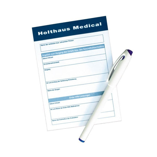 Holthaus Medicals rapporteringsblock från Holthaus Medical GmbH & Co. KG innehåller de avsnitt som är viktiga för en noggrann dokumentation av personuppgifter och medicinska händelser. På formuläret syns en blank penna mot en enkel vit bakgrund.