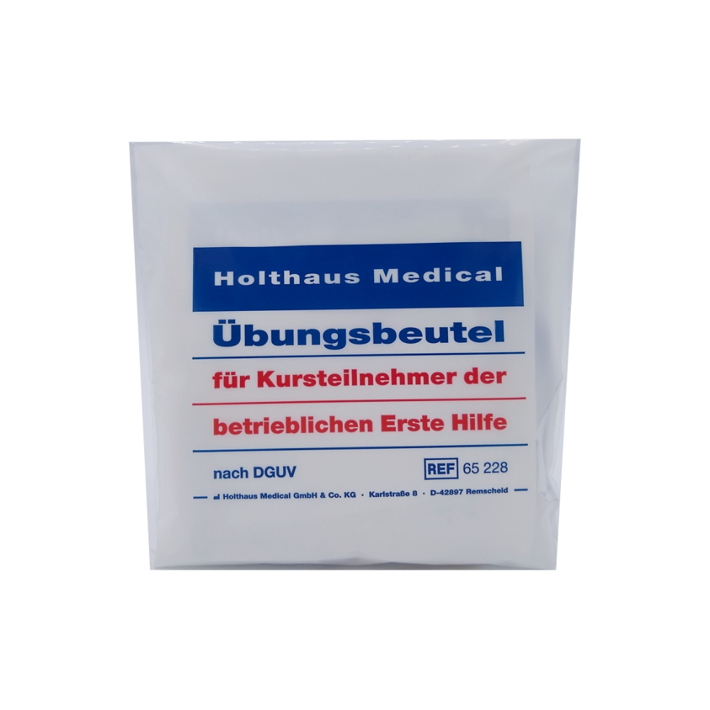 En bild av en vit plastförpackning med blå och röd text. Förpackningen har texten "Holthaus övningspåse för kursdeltagare i företagsförsta hjälpen, 8 delar | Förpackning (1 styck)" från Holthaus Medical GmbH & Co. KG, med referensnumret "REF 65 228" i det nedre högra hörnet.