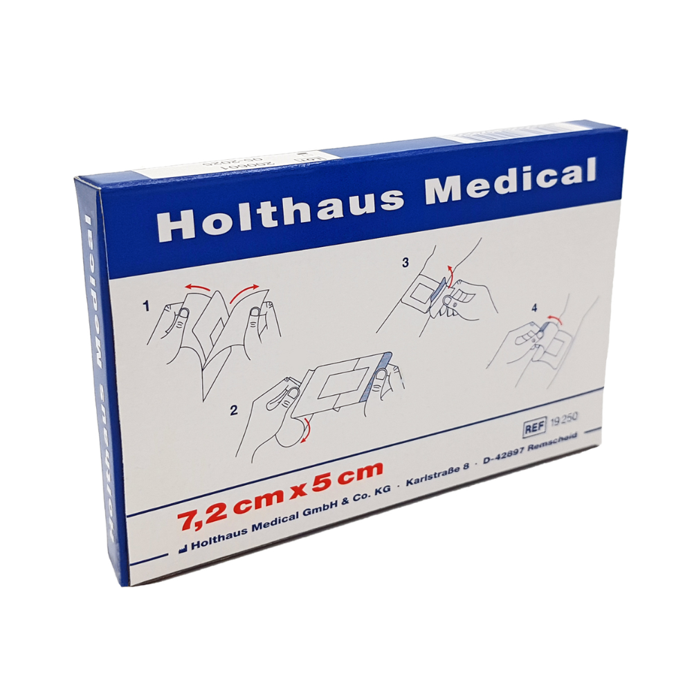 En blå-vit låda „Holthaus Ypsiderm® plus såromläggning 7,2 x 5 cm - 5 plåster“ från Holthaus Medical GmbH & Co. KG innehåller fem plåster. På lådan finns en illustrerad steg-för-steg-instruktion för användning av det självhäftande såromläggningen samt information om tillverkaren och referensnumret 1250.