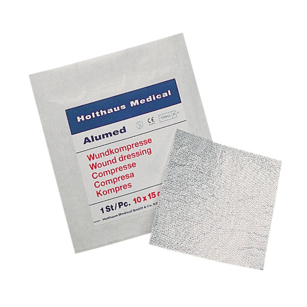 Holthaus Medical Alumed® sårkompresspaketet från Holthaus Medical GmbH & Co. KG visar på flera språk ett sårförband med aluminiumnät. Det mäter 10 x 10 cm och innehåller en enskild steril bit (1 st).