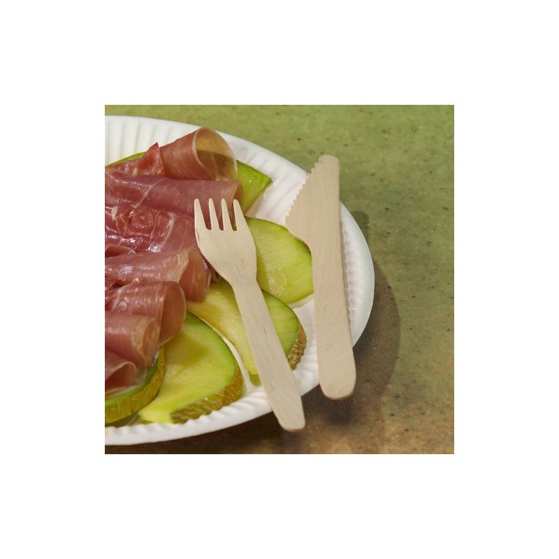 En PAPSTAR "pure" engångsträgaffel och den PAPSTAR "pure" träkniv 16,5 cm från PAPSTAR GmbH är elegant placerade på en vit pappersplatta, täckt med tunna skivor korv och grönt äpple. Den miljövänliga ensemblen vilar graciöst på en grön yta.