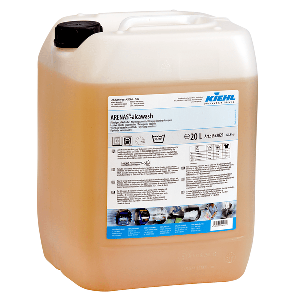 Kiehl ARENAS-alcawash Flytande alkaliskt allrengöringsmedel från Johannes Kiehl KG i en 20-liters behållare av genomskinlig plast med svart skruvlock och en etikett med produktinformation och användningsinstruktioner.