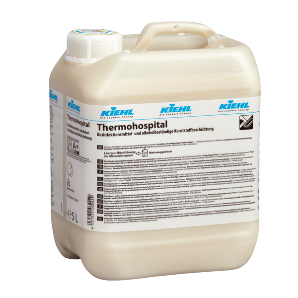 En kartong med 2 x 5L Johannes Kiehl KG Thermohospital desinfektionsmedelsbeständig dispersion, med alkoholtålig plast och etiketterad framsida, utformad för sjukhus.