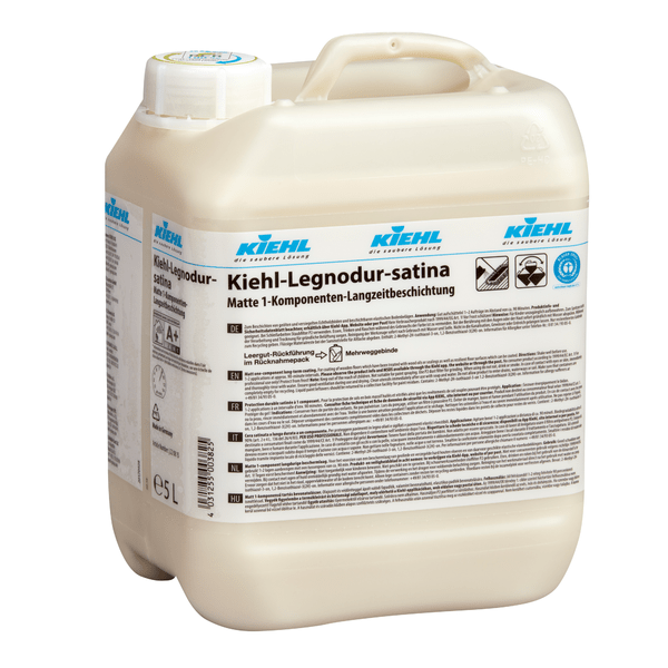 En 5-liters flaska Kiehl-Legnodur-satina matt 1-komponents permanentbeläggning från Johannes Kiehl KG (2 per kartong), levererad i en ljus, praktisk förpackning med utförlig flerspråkig märkning.