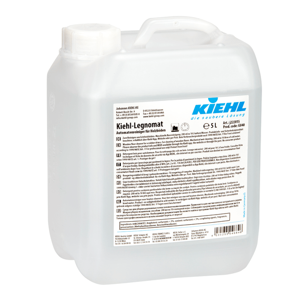 Kiehl-Legnomat automatisk rengöringsmedel för trägolv (5 L, 2 flaskor) från Johannes Kiehl KG är en transparent plastbehållare med vitt lock, flerspråkig etikett och idealisk för maskinell rengöring av trägolv.