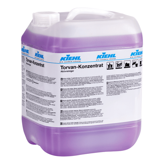 Stor genomskinlig plastbehållare med handtag och skruvlock, fylld med violett vätska. Etiketten bär texten ”Kiehl Torvan-Konzentrat Aktivreiniger” från Johannes Kiehl KG och innehåller produktinformation på flera språk.