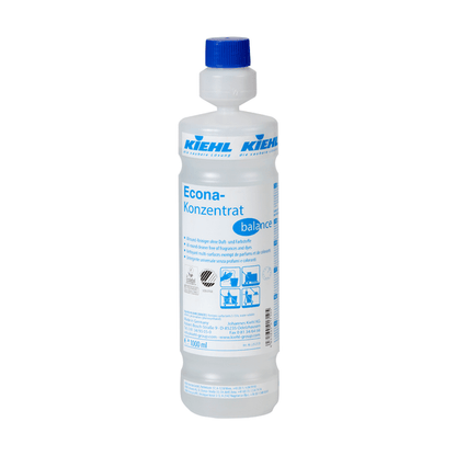 En 1-liters plastflaska med blått lock och texten "Kiehl Econa-koncentrat balance Allround-rengöringsmedel utan doft- och färgämnen" från Johannes Kiehl KG. Det högkoncentrerade rengöringsmedlet har användnings- och säkerhetsanvisningar med piktogram på etiketten.