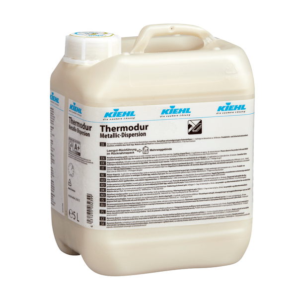 5-liters plastbehållare från Johannes Kiehl KG Thermodur Universal-Dispersion med vit förslutning och blå branding för golvvård inomhus och utomhus. Säljs i en kartong med 2 flaskor. Etikett med produktinformation och instruktioner.