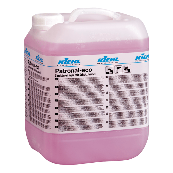 Stor genomskinlig behållare med handtag, fylld med rosa vätska. Etiketten visar "Kiehl Patronal-eco Sanitetsrengöringsmedel med skyddsformel" från Johannes Kiehl KG, listar flerspråkiga instruktioner och betonar grundlig rengöring.