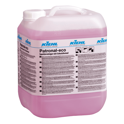 Stor genomskinlig behållare med handtag, fylld med rosa vätska. Etiketten visar "Kiehl Patronal-eco Sanitetsrengöringsmedel med skyddsformel" från Johannes Kiehl KG, listar flerspråkiga instruktioner och betonar grundlig rengöring.