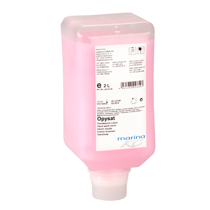 En rektangulär 2-liters dispenserflaska med Kiehl Opysat handtvål från Johannes Kiehl KG, fylld med rosa, pH-neutral handtvål, märkt med produktdetaljer och flerspråkiga handvårdsinstruktioner.